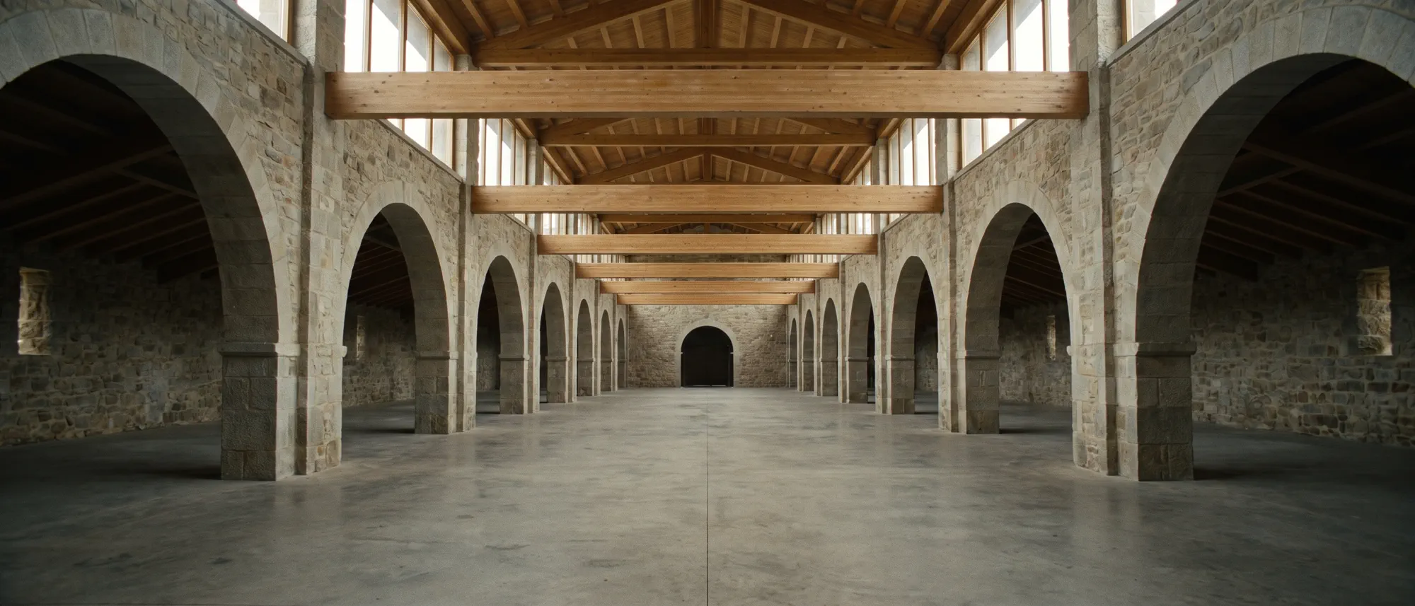 Umgebaute Remise: Steinpfeiler mit Rundbögen, neues Dachtragwerk aus Holz, geschliffener Betonboden.