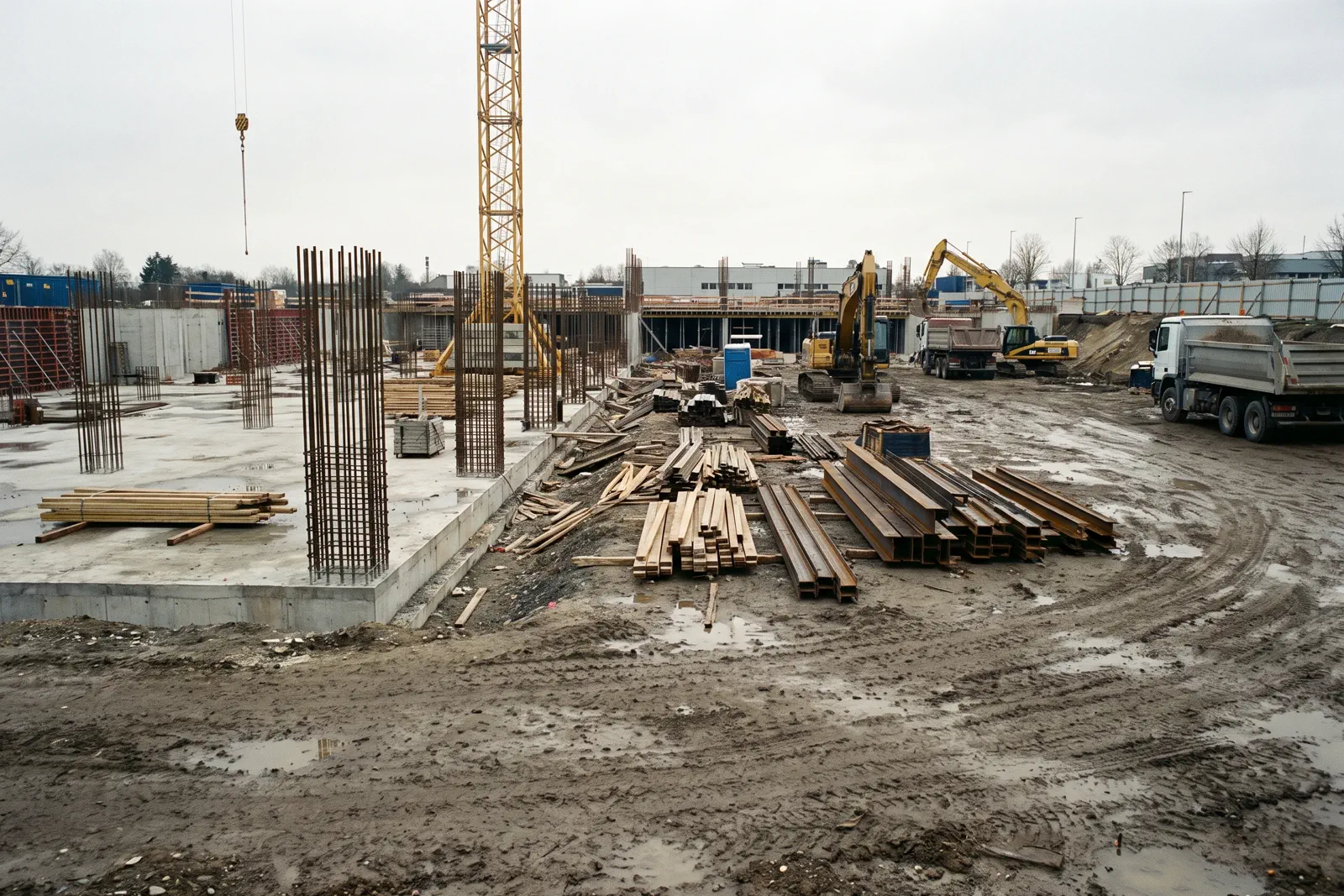 Baustelle im zweiten Winter, Rohbau im Aufbau.